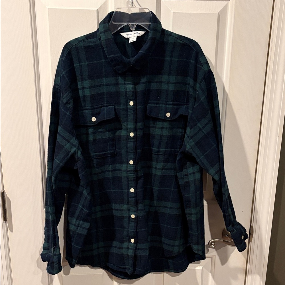 Old Navy Women's Green and Navy Plaid Button Down Shirt